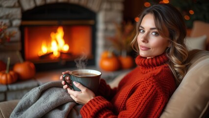 A woman relaxes in a comfy chair by a crackling fireplace, holding a steaming mug. The room is warmly decorated with pumpkins, creating a cozy atmosphere perfect for the autumn season.