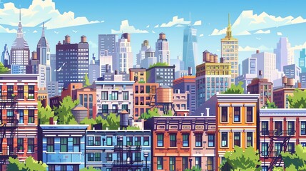 A colorful illustration of a cityscape, with tall buildings, and a bright blue sky.