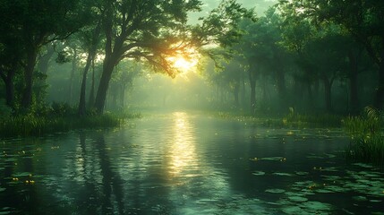 Obraz premium Sunlit reflections on calm forest waters