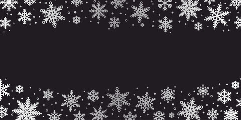 Dark grey and silver snowflake border vector snow banner illustration, elegant festive background design