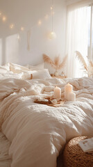 A cozy and inviting bedroom with a touch of fall decor. The soft, natural light