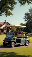 Parked green golf cart near suburban house on sunny day