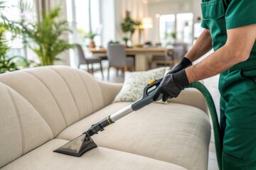 A technician performs upholstery cleaning on a light colored sofa using a vacuum machine. The bright and elegant living room features greenery and tasteful decor, highlighting the importance of furnit