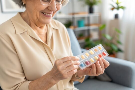 A cheerful senior woman joyfully arranges her weekly medication in a plastic pill organizer, sitting comfortably in her well lit, stylish living room filled with plants and a cozy sofa, promoting her 