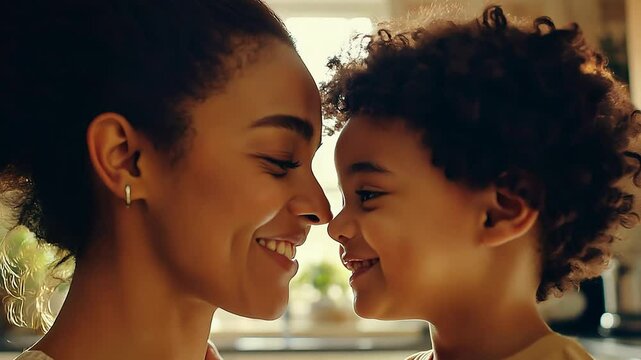 Mother touching noses with her young son in the kitchen. 