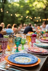 Bohemian Wedding Table Setting with Colorful Glassware