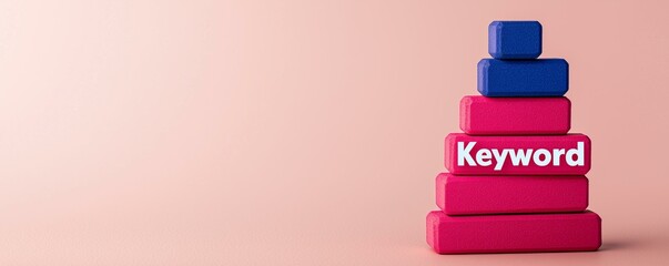 Fototapeta premium A colorful stack of building blocks in pink and blue, with a prominent white block labeled 