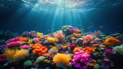 A vibrant coral reef teeming with life, bathed in sunlight, showcasing the beauty and fragility of the ocean ecosystem.