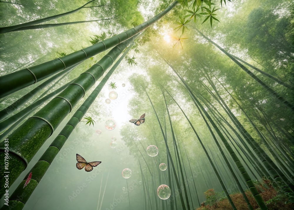 Poster surreal bamboo forest dreamscape with ethereal light and floating elements for a whimsical and tranq