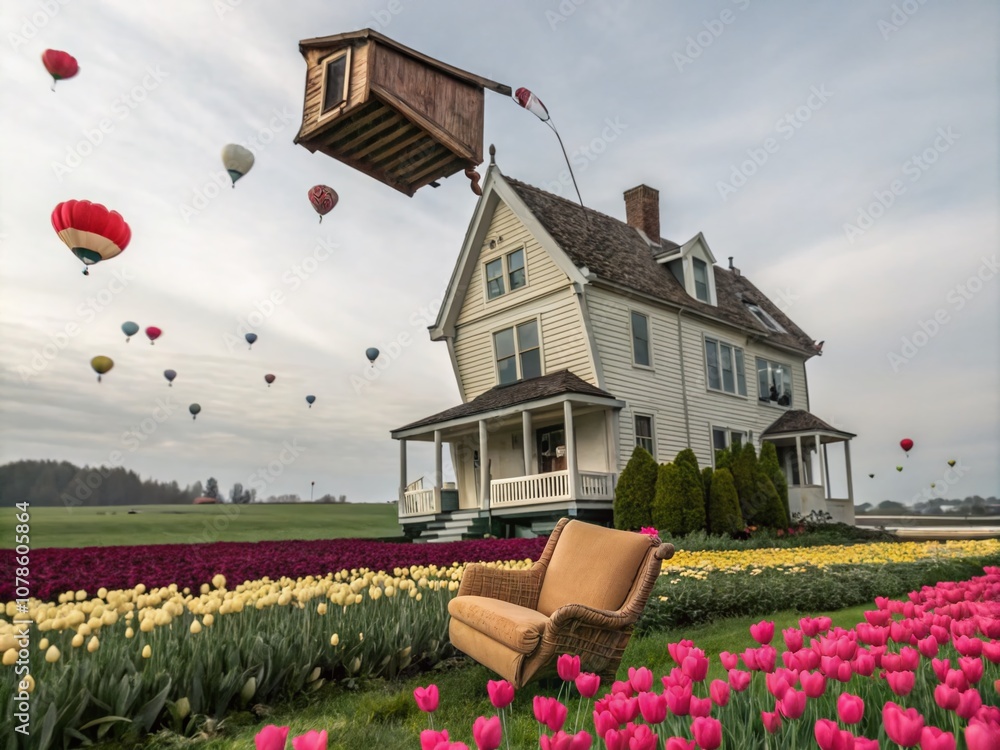 Poster surreal big house with floating elements in a dreamlike landscape, blending realism and imagination,