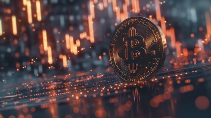 Bitcoins and New Virtual money concept.Gold bitcoins with Candle stick graph chart and digital background.Golden coin with icon letter B.Mining or blockchain technology