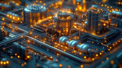 A detailed industrial scene with glowing pipelines and structures.