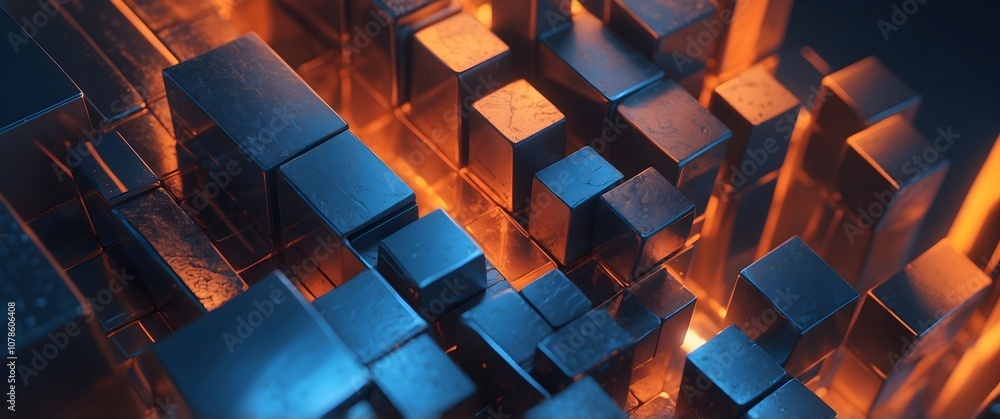 Poster glowing metallic blocks in futuristic landscape, creating depth and harmony for digital tech visuals