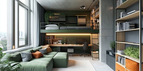 Fototapeta premium modern green and grey spacious workspace with bunk bed and elegant wooden bookshelf 