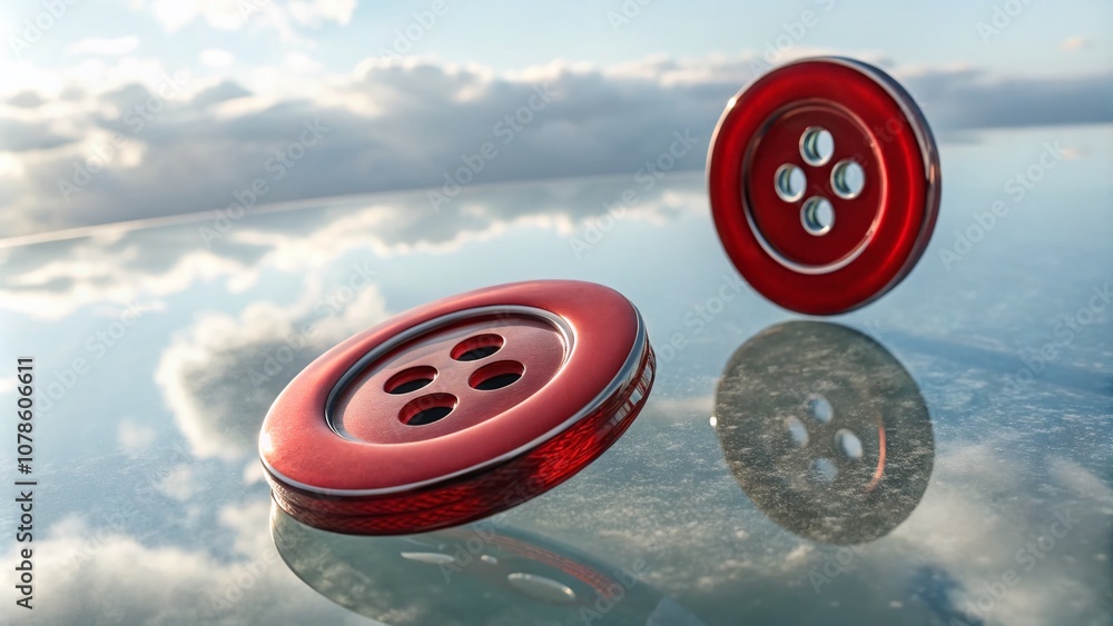 Poster surreal composition of two red abstract circle buttons with metallic texture on light background, sh
