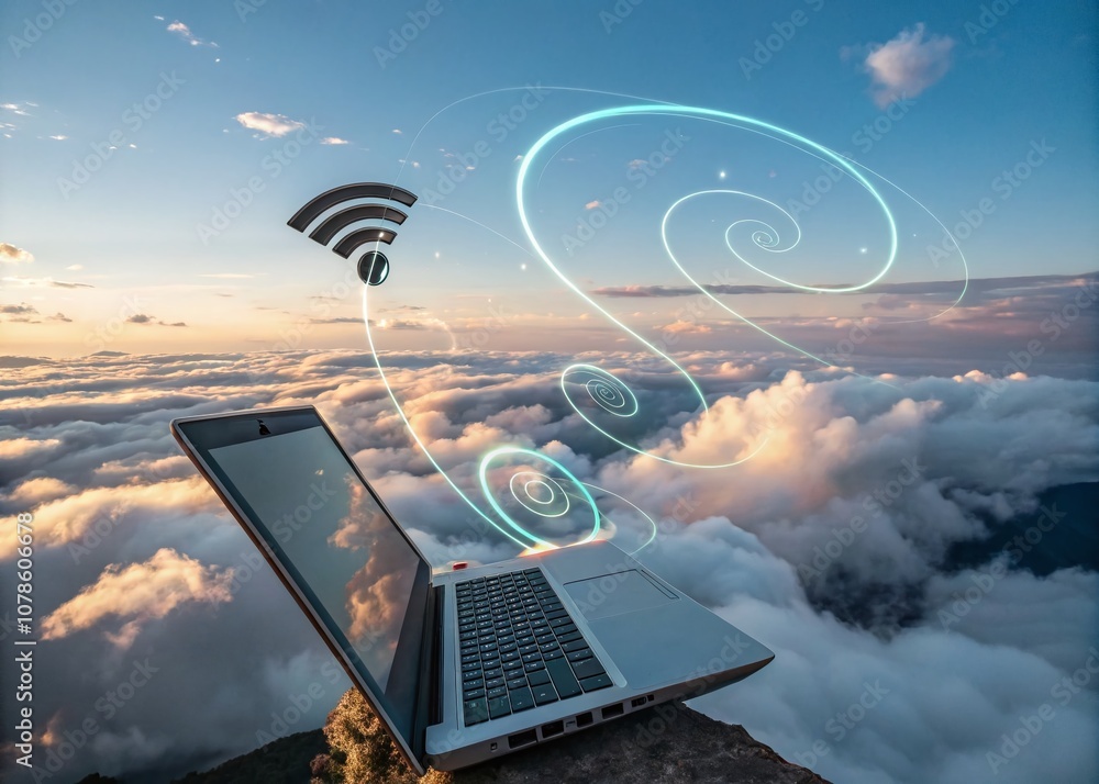 Aufkleber surreal conceptual art of a wifi dongle hovering above a laptop surrounded by dreamlike clouds and a