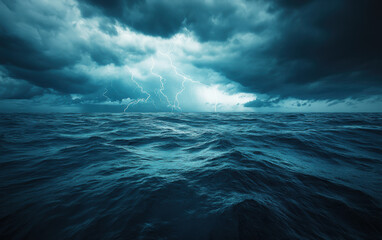 Dramatic seascape depicting dark clouds and lightning over turbulent waters, capturing nature's power and beauty during a storm.