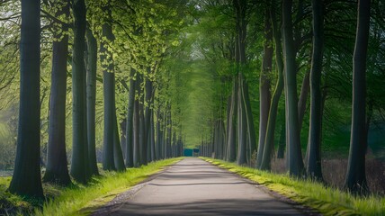 A photo of Walkway in a green spring beech forest in Leuven, Belgium. Beautiful natural tunnel. Atmospheric landscape. Eco tourism, travel destinations, environmental conservation, pure nature