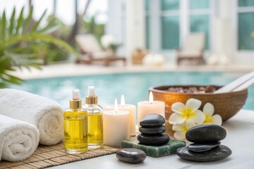 The tranquil spa area features essential oils, smooth stones, and candles arranged alongside towels and a bowl of petals, creating a serene atmosphere near a refreshing outdoor pool.