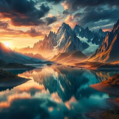Majestic mountain landscape with wide angle view, reflection in calm lake at sunset