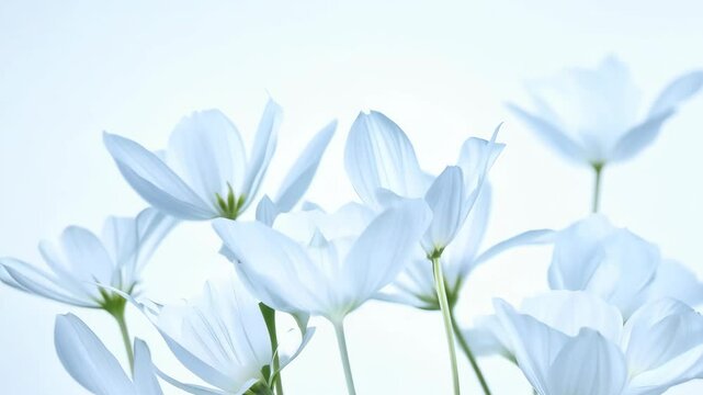 A bouquet of white flowers is displayed in a vase, with each flower standing upright and reaching towards the viewer. The flowers are arranged in a way that creates a sense of depth and dimension