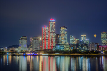 Cityscape night view of Yeouido, Seoul, south korea at sunset time
