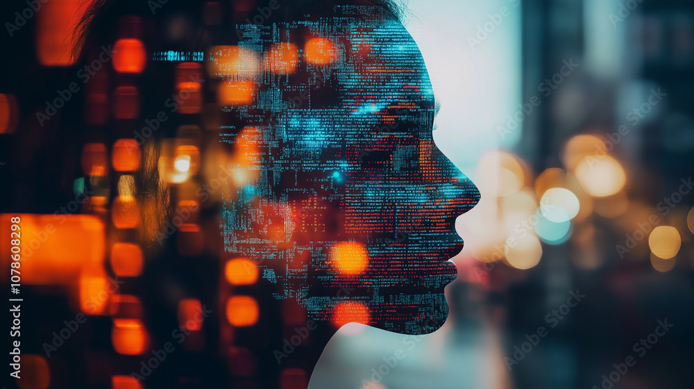 Poster digital profile: human silhouette with binary code overlay