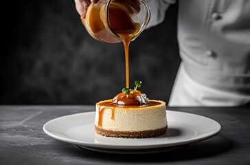 Chef Pouring Caramel Sauce on Cheesecake