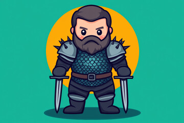 A bold cartoon warrior character, equipped with dual swords and wearing detailed armor, ready for adventure in a vibrant backdrop.