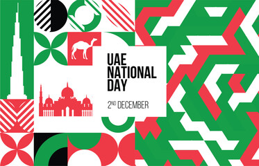 Obraz premium UAE national day banner for independence day anniversary. Flag map of united arab emirates. modern geometric retro abstract design. Red green black theme.