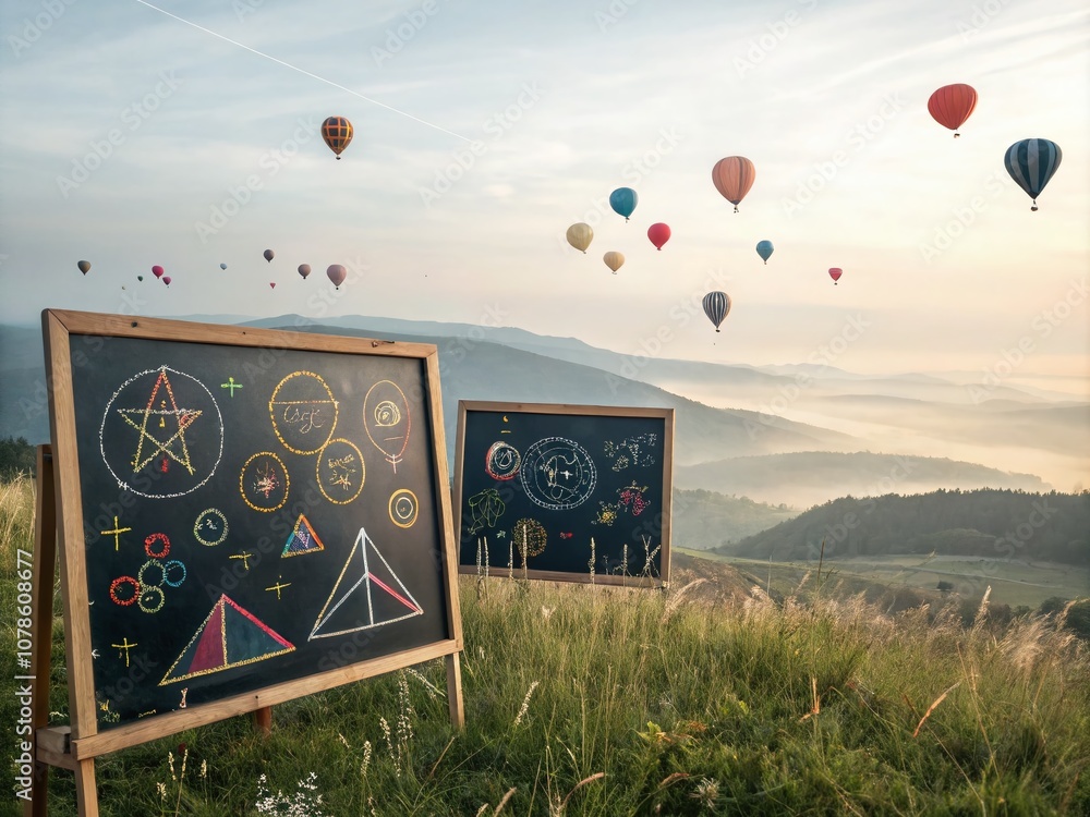 Poster surreal horizontal chalkboards in a dreamlike landscape with floating elements and unusual perspecti