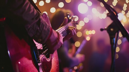 Fototapeta premium Guitarist hands playing melodic chords. Concept of rock music, hobby and work, energy, music festivals, concerts. Crowd at rock concert in front of stage. People with hands and phones in the air. 