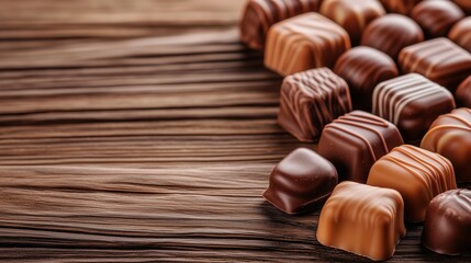 Naklejka premium Group of chocolate candies on wooden background with copy space.