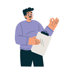 Mustached Man Character with Clipboard as Productive Team Member Vector Illustration