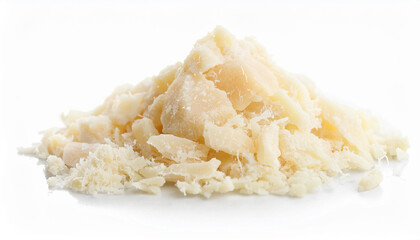 Heap of grated parmesan cheese isolated on white backdrop. Natural product.