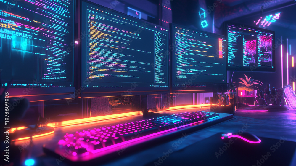 Poster neon lit gaming setup with code on monitors