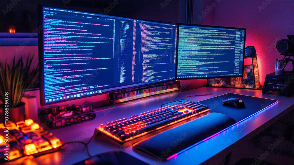 Poster rgb lit gaming setup with code on monitors