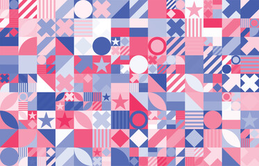Fototapeta premium Geometric abstract seamless pattern with colorful simple elements of geometry, wallpaper background in retro 70s style, Bauhaus constructive style tiles.
