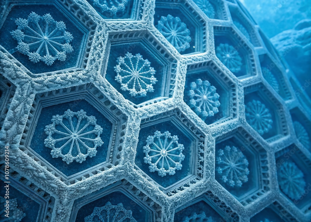 Poster surreal intricate hexagonal patterns in cool blue tones creating an enigmatic textured background fo