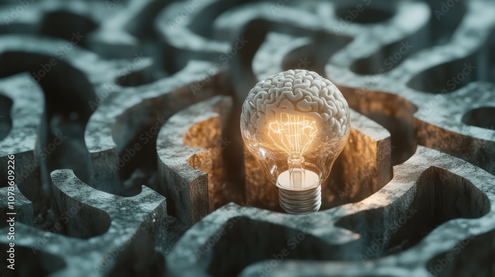 Poster a light bulb shaped like a brain sits in a maze, symbolizing creativity and problem-solving.