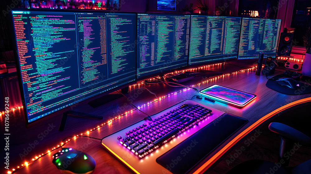 Aufkleber rgb lit gaming setup with multiple monitors and code