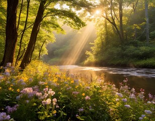 Fototapeta premium Golden Rays of Sunshine Breaking Through the Canopy of a Dense Forest, Illuminating Vibrant Wildflowers Blooming Along a Riverbank, Captured in the Early Morning Light for a Serene Nature Scene