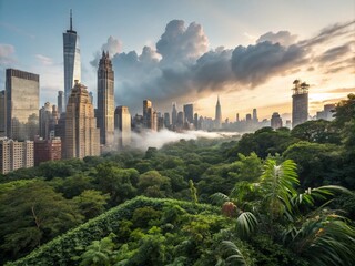 Naklejka premium Surreal Landscape Blending Urban and Natural Elements to Represent Global Thinking and Local Action in a Dreamlike Environment