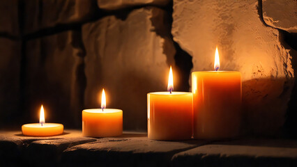 Assorted candles burning in a natural stone setting.