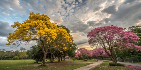 Surreal Landscape of Golden Trumpet and Pink Trumpet Trees in a Dreamy Park Setting with Lush Greenery and Ethereal Sky, Capturing Nature's Beauty and Tranquility