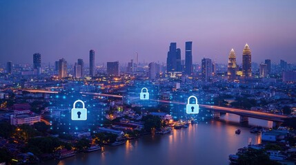 Three glowing lock icons over a cityscape at dusk, symbolizing digital security.