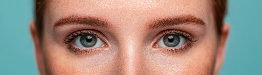 Obraz premium Close-up of striking blue eyes framed by natural eyebrows, showcasing detailed eyelashes against a smooth skin backdrop. Ideal for beauty topics.