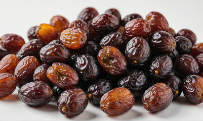 Obraz premium A close-up of a pile of dried jujubes, a popular fruit in Asia, on a white surface