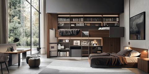Fototapeta premium modern brown and grey spacious workspace with bunk bed and elegant wooden bookshelf 