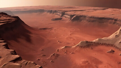 Extraterrestrial desert featuring cliffs and glowing red hues.